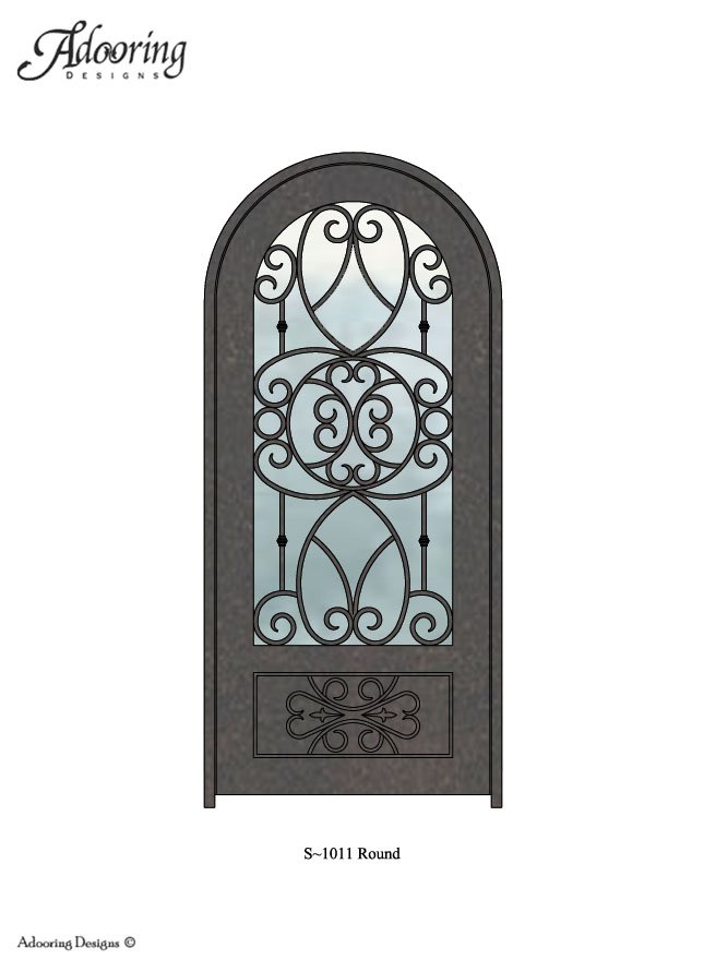 Large window in Round top iron door with intricate pattern