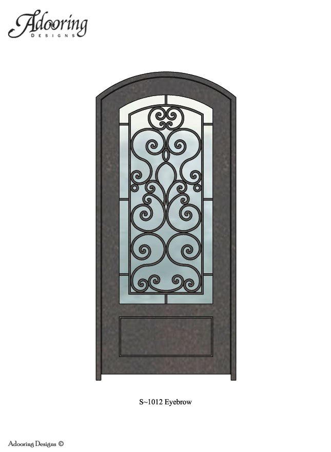 Large window in eyebrow top iron door with complex pattern