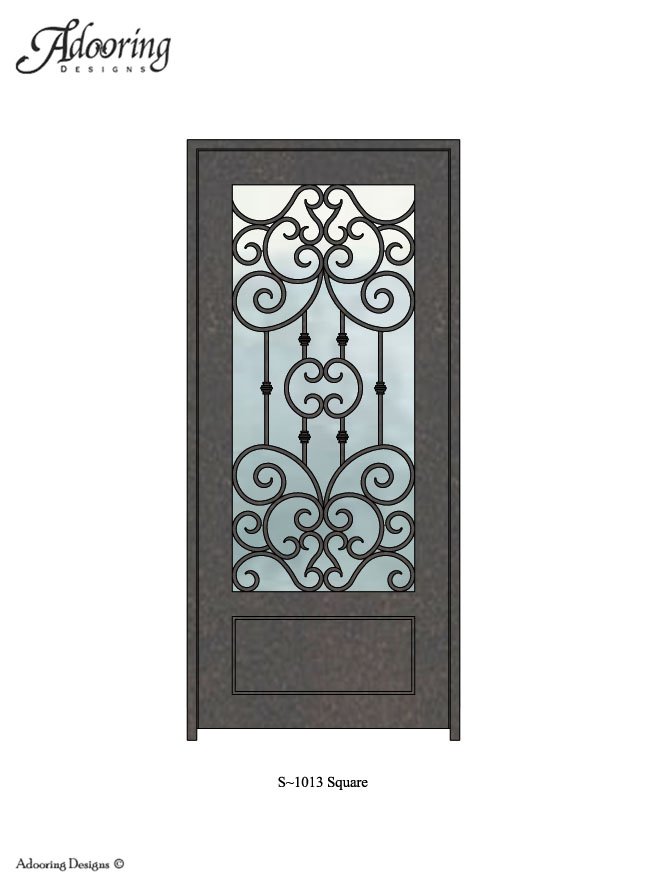 Large window in iron door with Square top and intricate design
