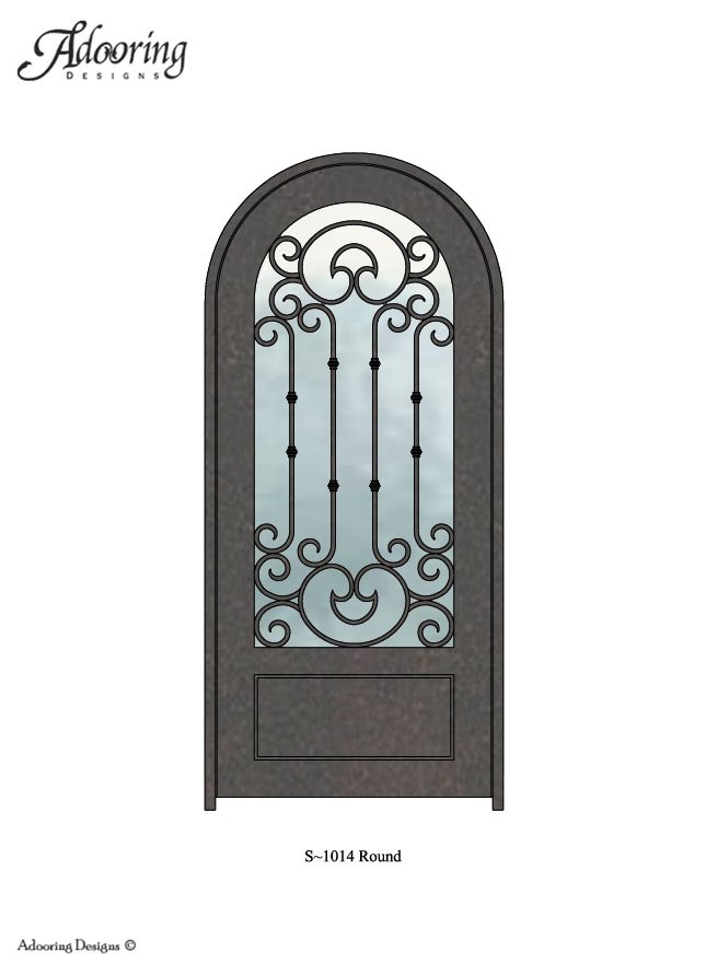 Large window in iron door with Round top and complex design