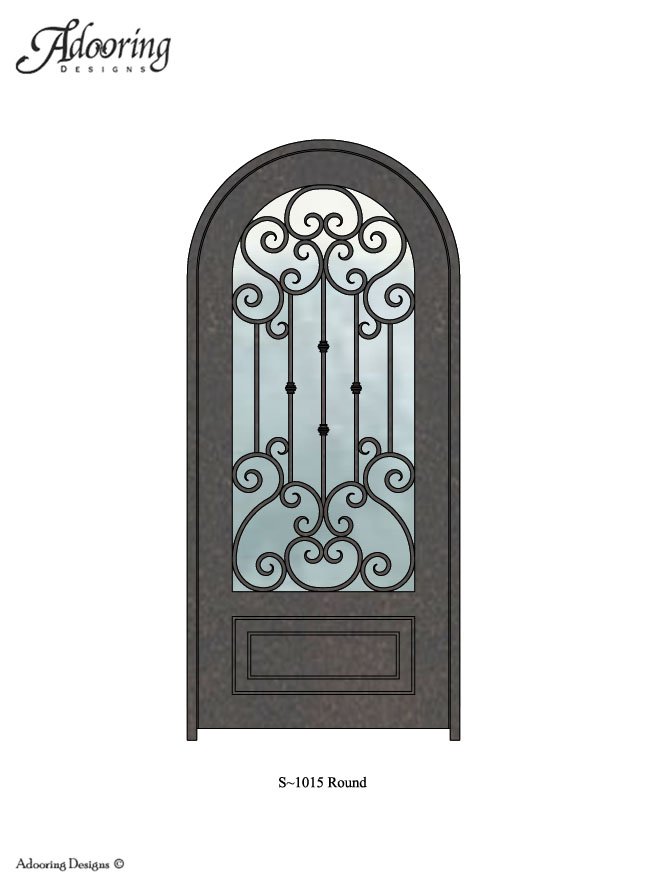 Large window in iron door with Round top and intricate pattern