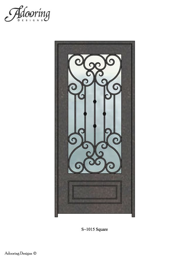 Large window in iron door with Square top and intricate pattern