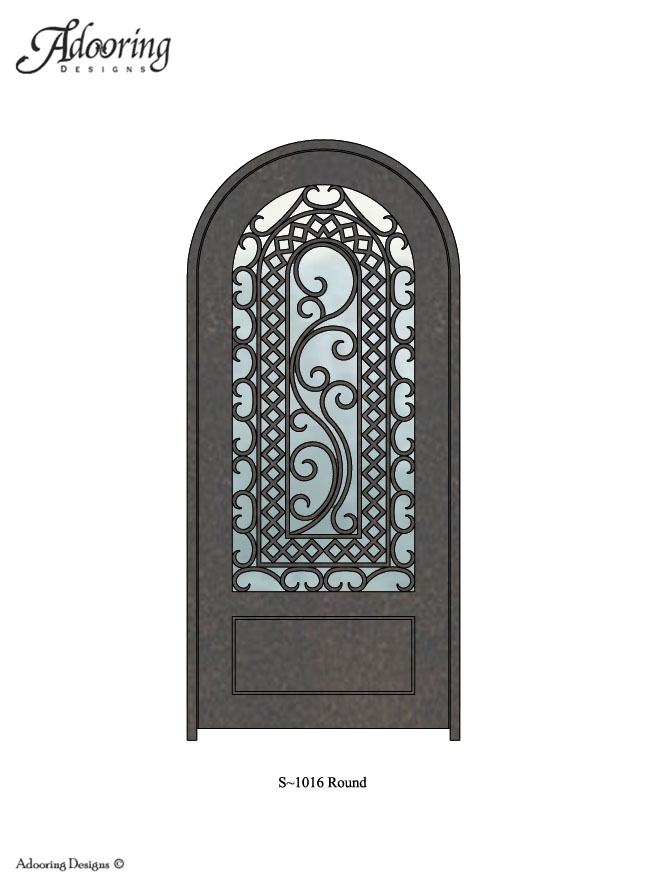 Large window in iron door with Round top and complex pattern