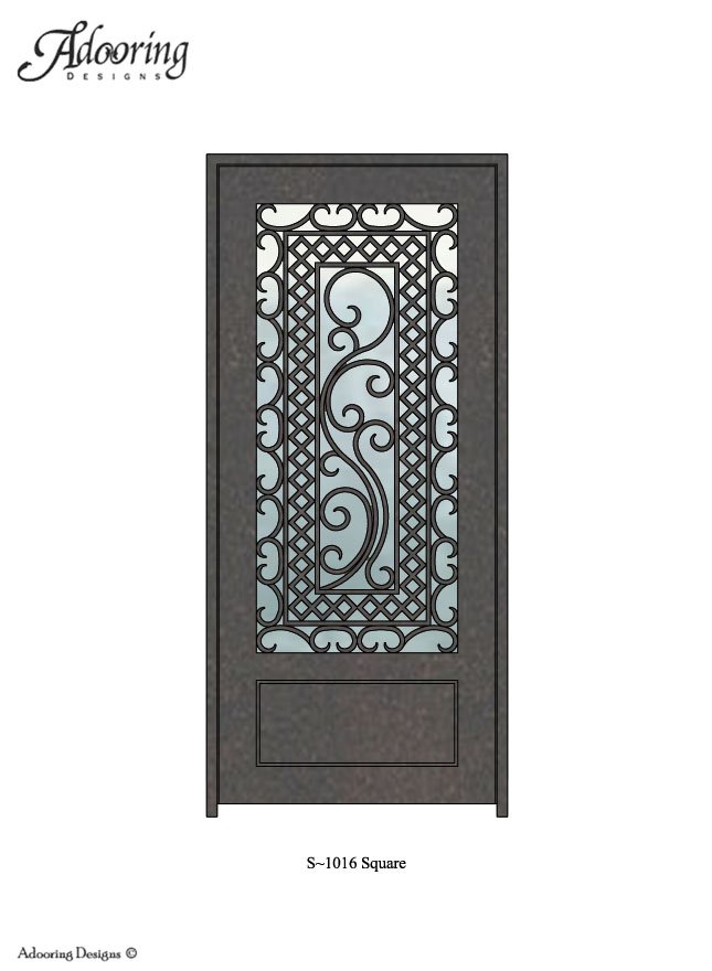 Large window in iron door with Square top and complex pattern
