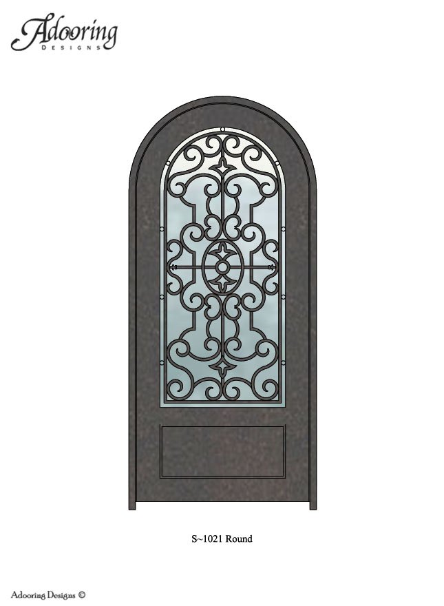 Large window in Round top single door with intricate design