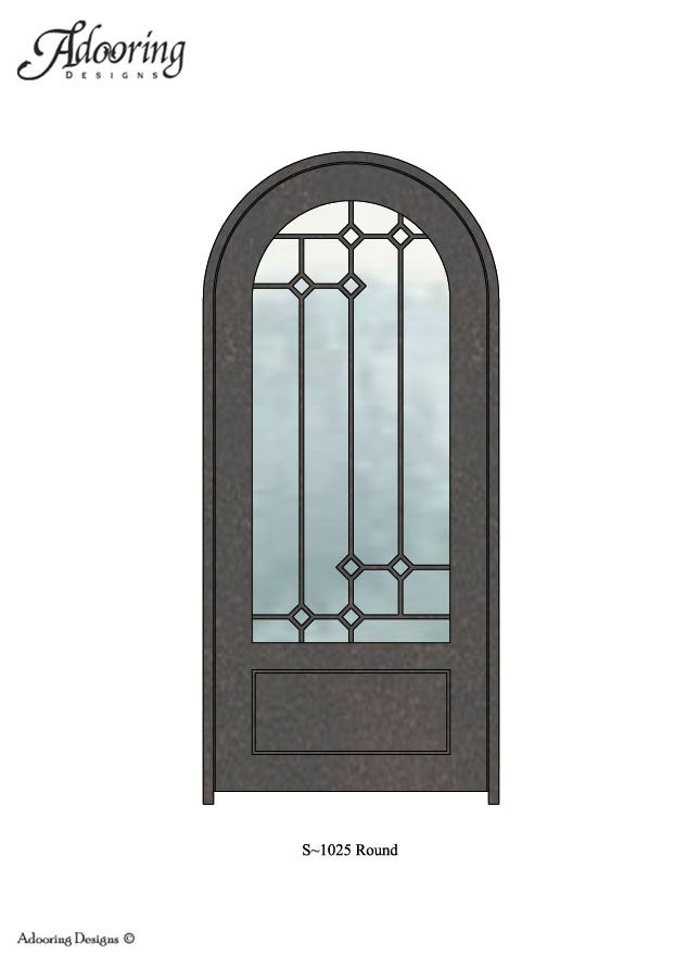 Large window in Round top single door with intricate pattern