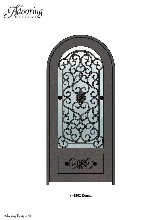 Round top single door with large window and intricate design