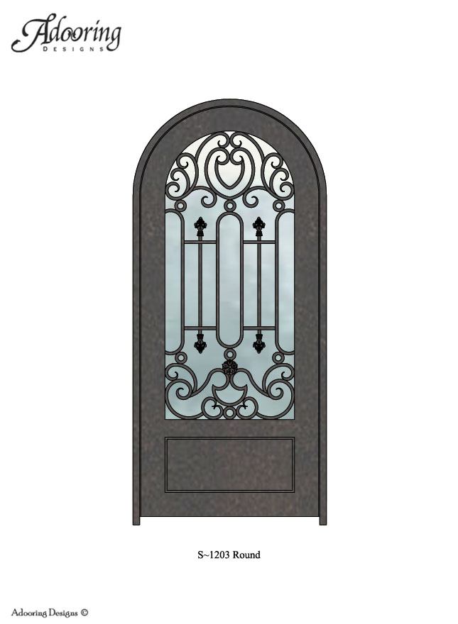 Round top single door with large window and complex design