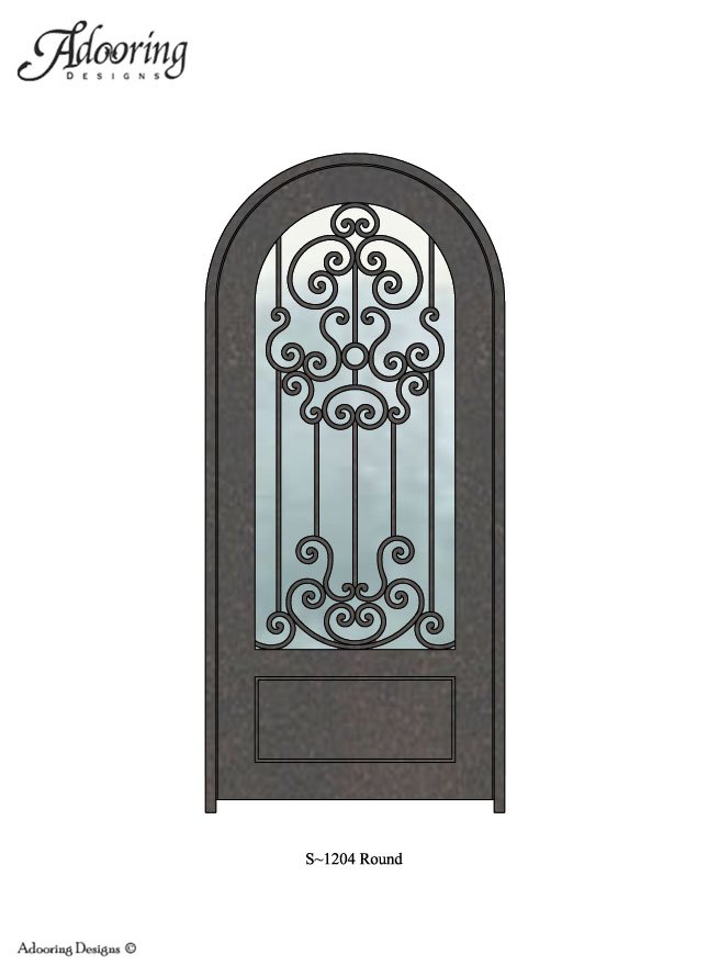 Round top single door with large window and intricate pattern