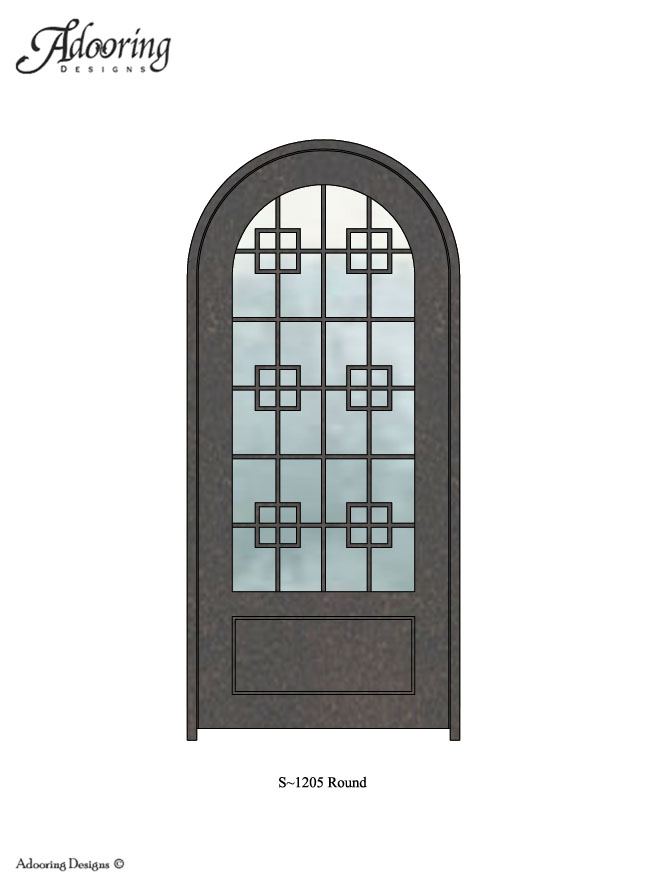 Round top single door with large window and complex pattern