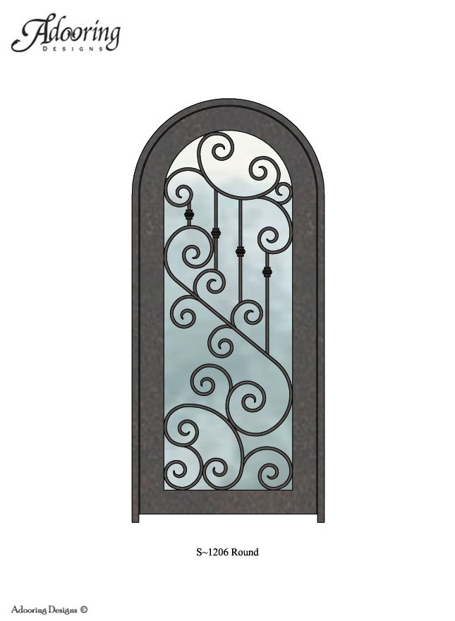 Round top single iron door with large window and intricate design