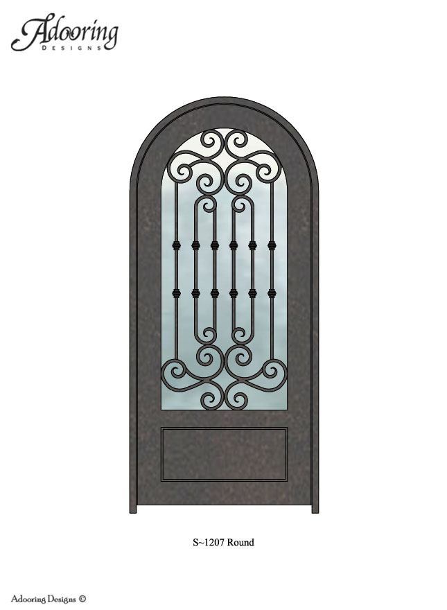 Round top single iron door with large window and complex design