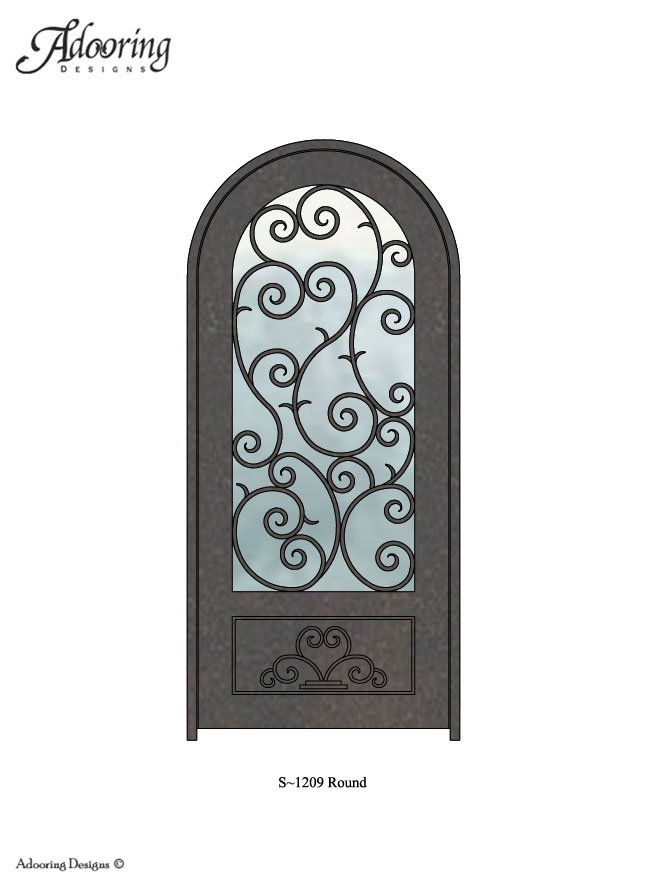 Round top single iron door with large window and intricate pattern