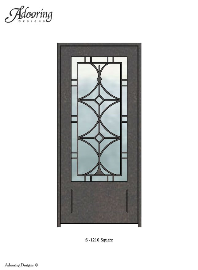 Square top single iron door with large window and complex pattern
