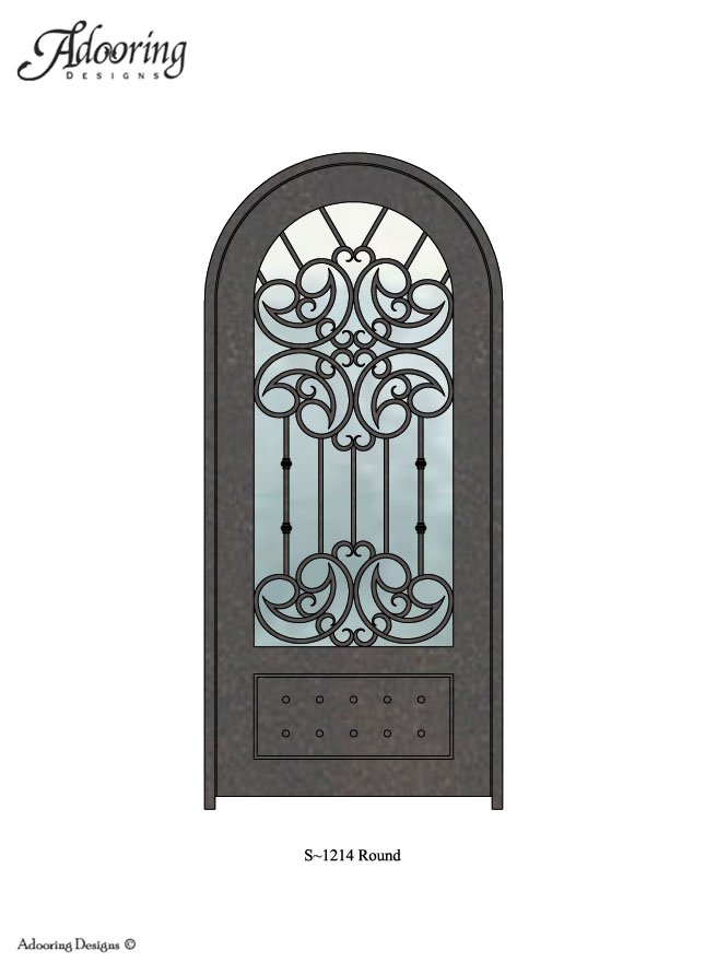 Round top door with large window and complex ironwork pattern