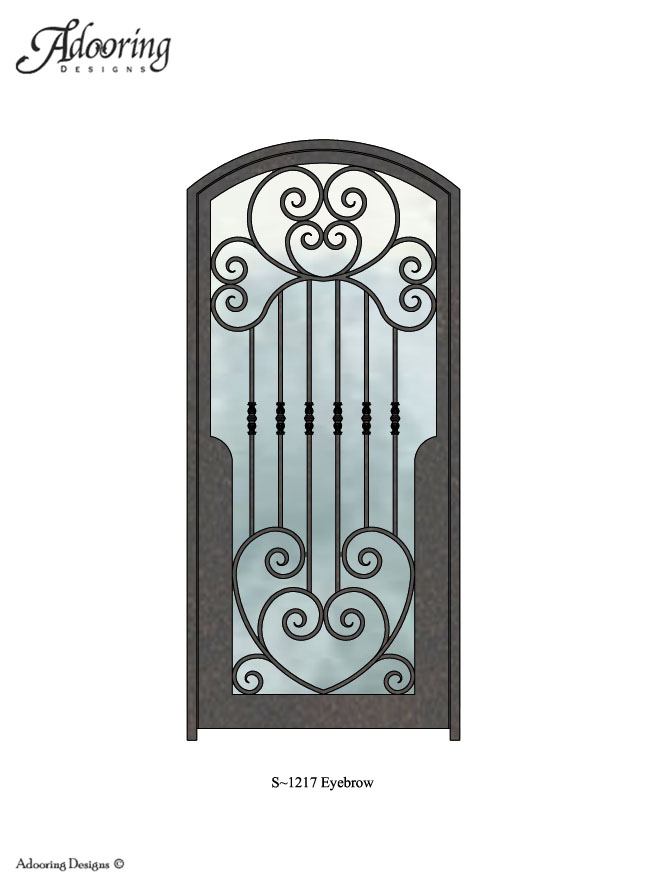 Eyebrow top door with intricate ironwork pattern over window
