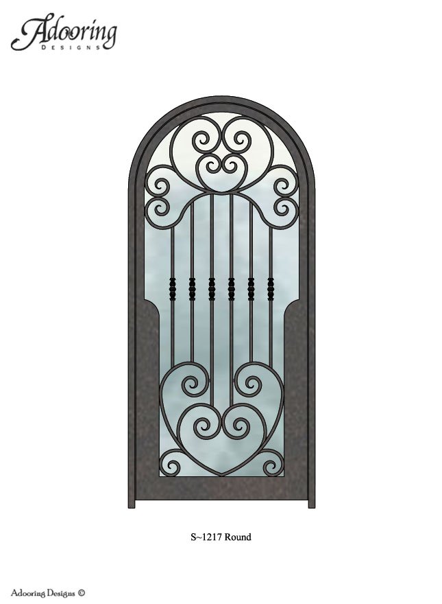 Round top door with intricate ironwork pattern over window