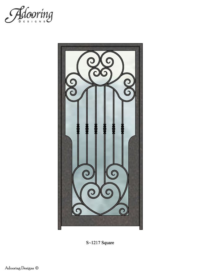 Square top door with intricate ironwork pattern over window