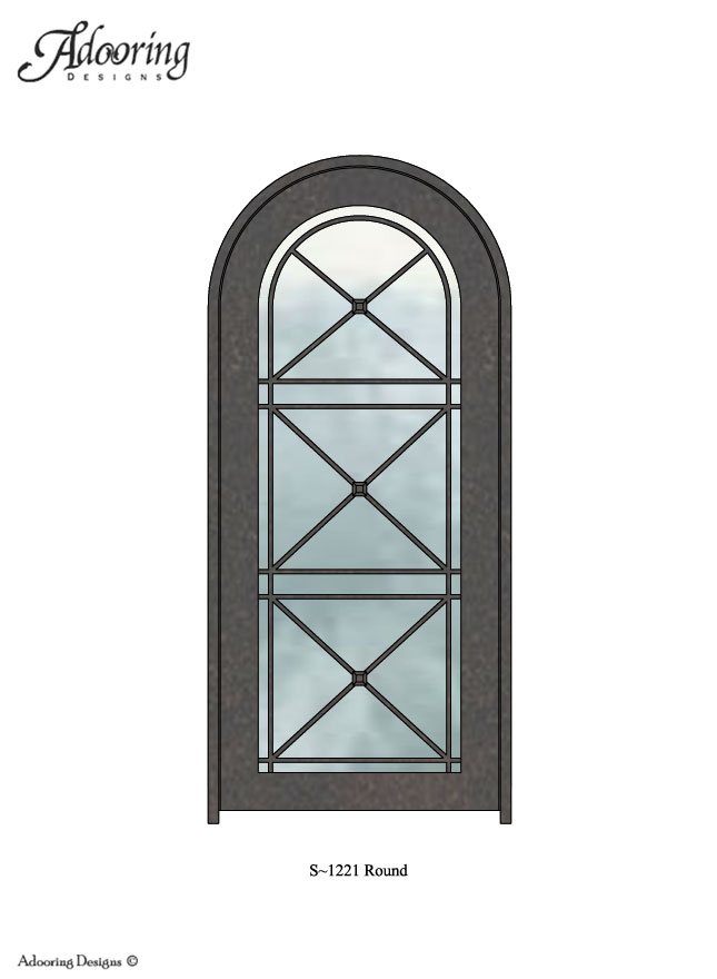 Round top door with geometric ironwork over large windows