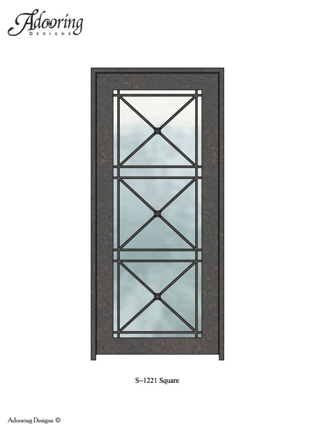 Square top door with geometric ironwork over large windows