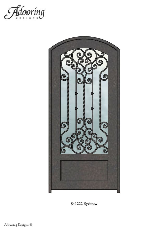 Intricate ironwork design over large window in eyebrow top door