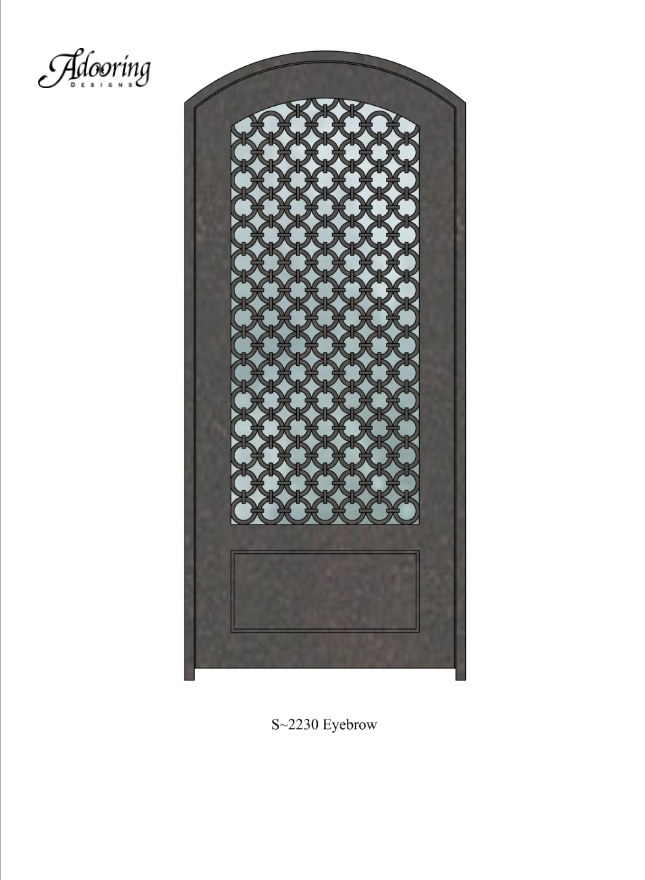 Eyebrow top iron door with large window and intricate design