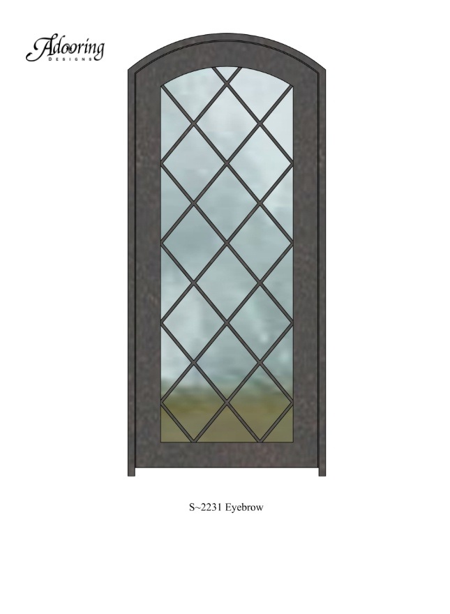 Eyebrow top iron door with large window and complex design