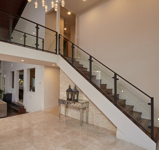 Modern iron and glass stair railing