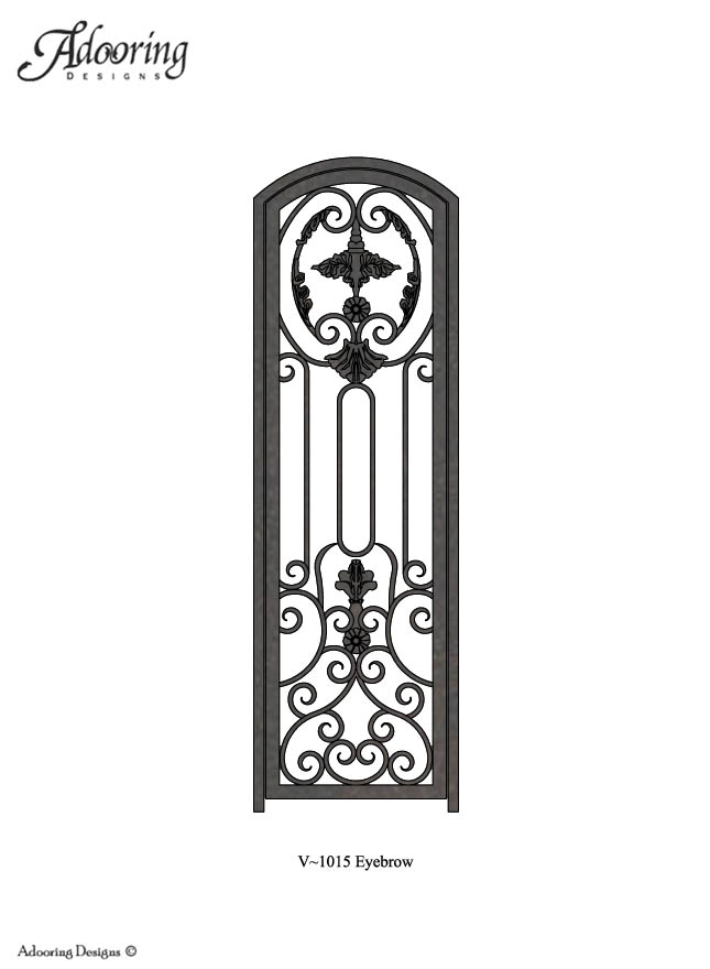 Iron single wine cellar gate with eyebrow top and intricate pattern
