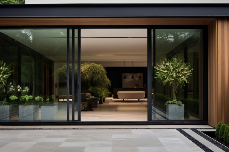 a sliding glass wall on the side of a house