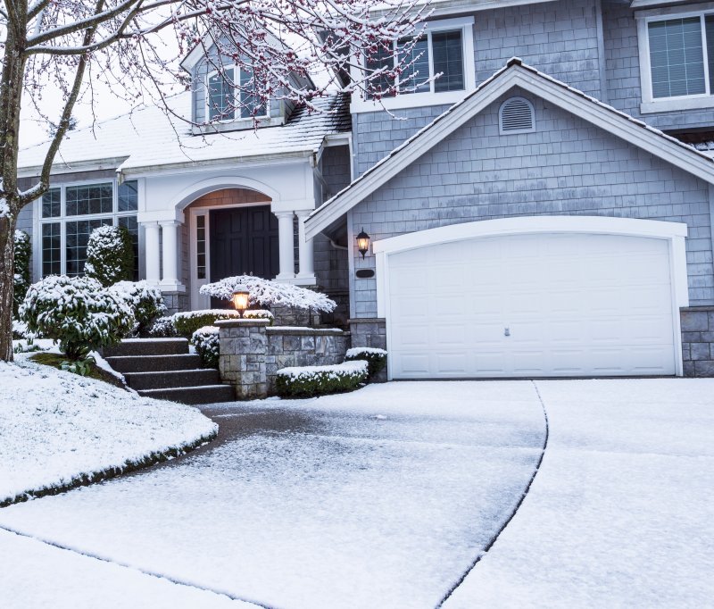 a garage door in the winter 