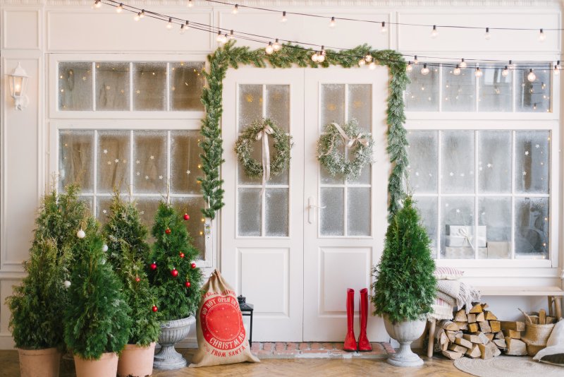holiday decorated double doors 