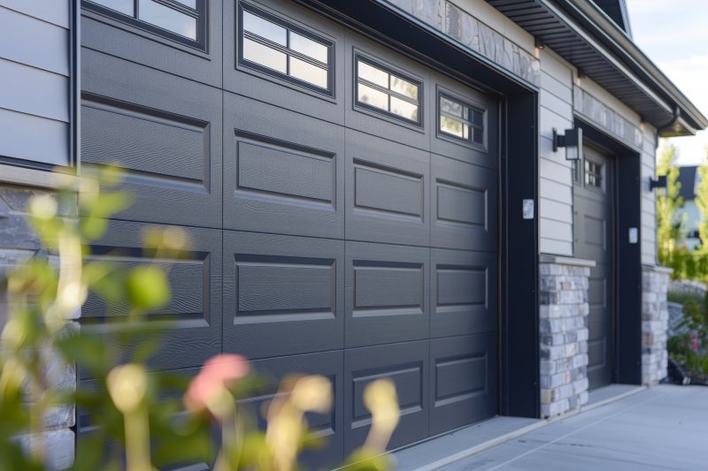 black garage door with panels